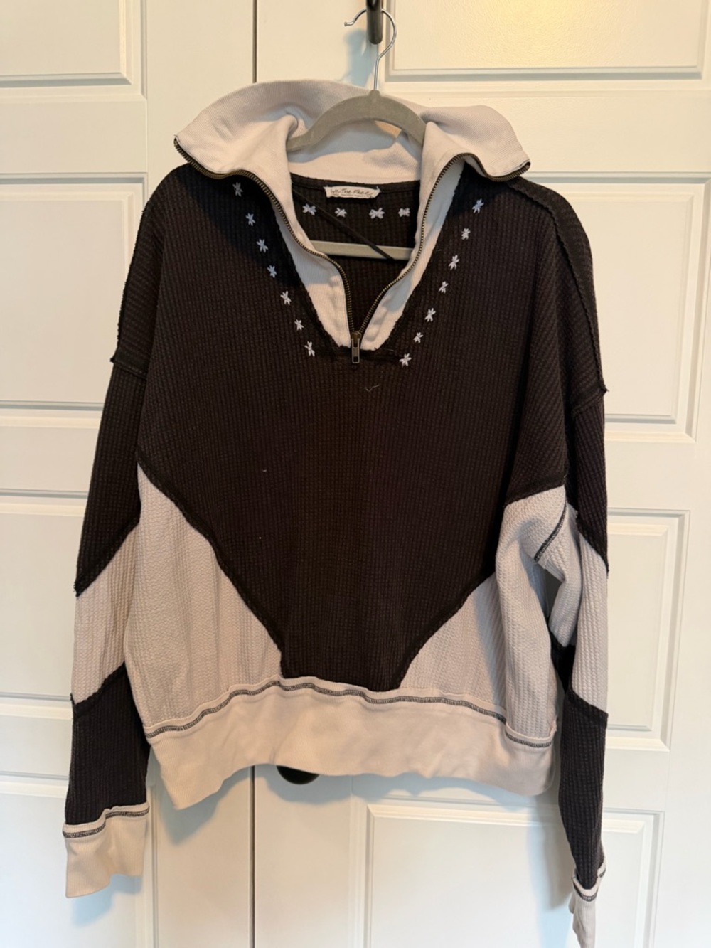 We The Free Black & Cream Waffle Half-Zip Pullover